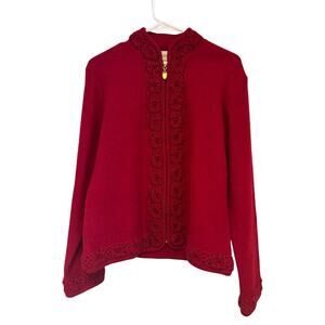 Chadwicks 100% Boiled Wool Red Embroidered Beaded Sweater Cardigan Size Medium